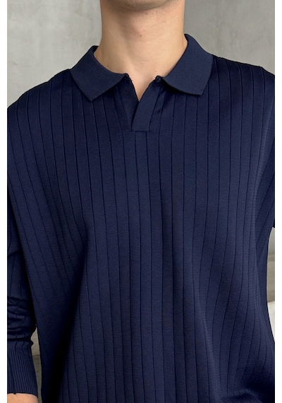 Erkek Polo Yaka Fitilli Oversize Triko Kazak Lacivert