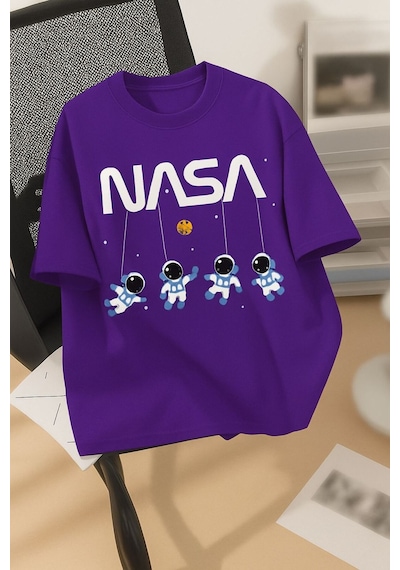 Nasa Baskılı Unisex Tshırt Mor
