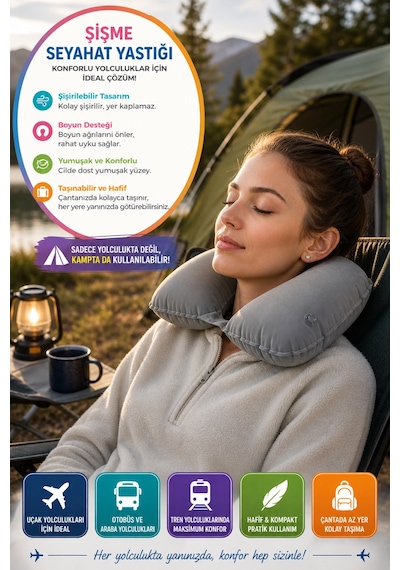 Gri Şişme Seyahat Boyun Yastığı Uçak Araç Kamp İçin Ergonomik Taşınabilir Travel Yastık