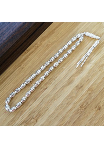 925 Ayar Gümüş Arpa Kesim Nokta İşlemeli Tesbih N11.599