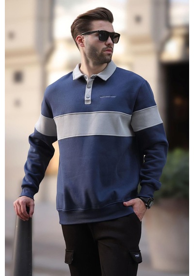 Madmext Lacivert Polo Yaka Renk Bloklu Erkek Sweatshirt 7072 Lacivert