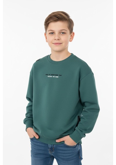Bisiklet Yaka Baskı Detaylı Erkek Çocuk Sweatshirt-90909 Yeşil