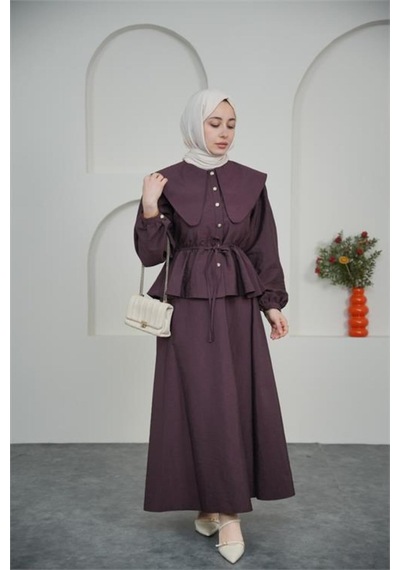 Neşeli Butik Kadın Bordo Pelerin Yaka Etekli Tesettür Takım Nbvq3134