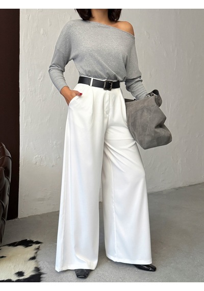 Verymoda Yüksek Bel Bol Paça Saten Pantolon Şık Ve Rahat Tasarım F2052 Krem