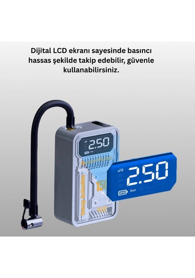 Kablosuz Hava Kompresörü 150 Psı Dijital Ekranlı 6000mah Taşınabilir Lastik Şişirme Pompası