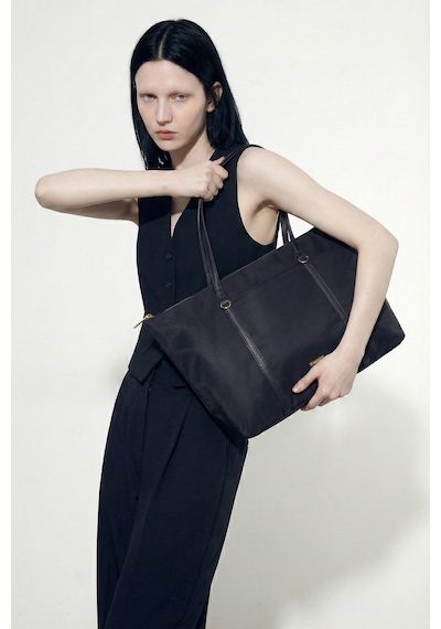 Wuclo Velie Paraşüt Kumaş Şeritli Shopper Çanta Siyah