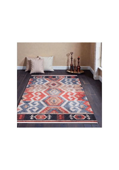 Vintage Etnik Kilim Kırmızı & Mavi Desenli Kaymaz Taban Çok Renkli Çok Renkli