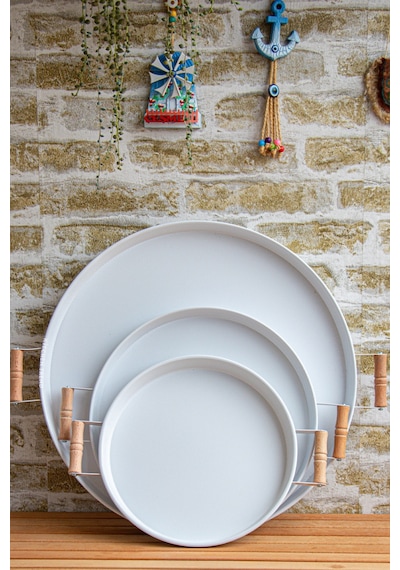 Kitchen Trend Ahşap Kulplu Metal Çay Kahve Sunum Tepsi Seti 3'lü
