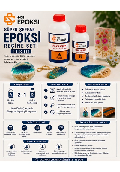 Süper Şeffaf Epoksi Reçine 1,5 Kg Kristal Şeffaf Döküm Reçinesi Takı Sehpa Hobi Epoksi Reçine Seti