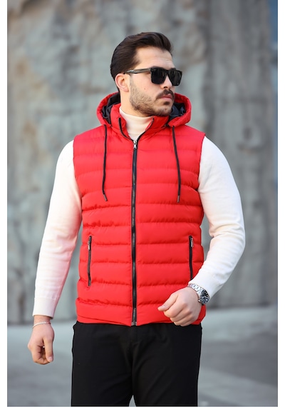 Mero Life Erkek Kırmızı Standart Fit Çıkarılır Kapüşonlu Cepli Fermuarlı Şişme Yelek