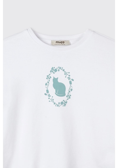 Panço Kız Çocuk Kolları Fırfır Detaylı Kedi Desenli Beli Lastikli Mavi Pijama Takımı 2511GK39004