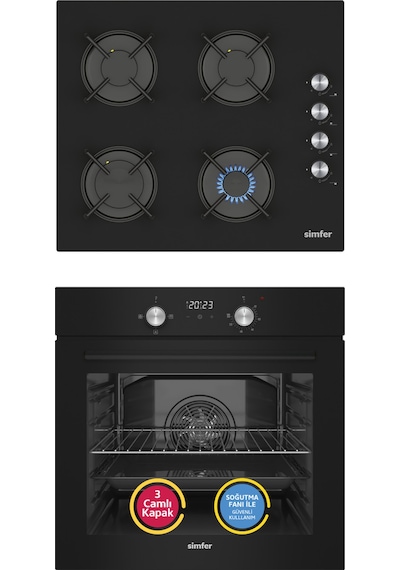 Simfer 4 Fonksiyon Trend Dijital Siyah Power Turbo 2'li Ankastre Set ( Fırın +  Ocak)