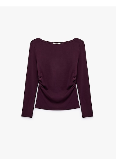 Koton Slim Fit Uzun Kollu Büzgü Detaylı Yuvarlak Kayık Yaka Tişört Mürdüm 7wak50156ek Mor