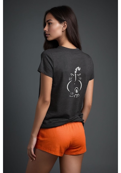 Squitee Sevimli Kedi Baskılı Antrasit Bisiklet Yaka T-shirt - Beden: S