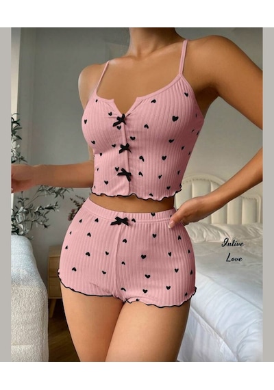 Intive Comfort Kalp Desenli V Yaka İnce Askılı Mini Şortlu Büstiy Pembe