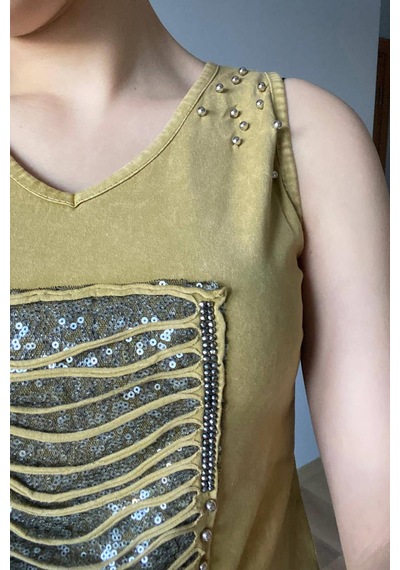 Mia Butik Kadın V Yaka Kare Pul Payetli Hardal Elbise-977 Hardal