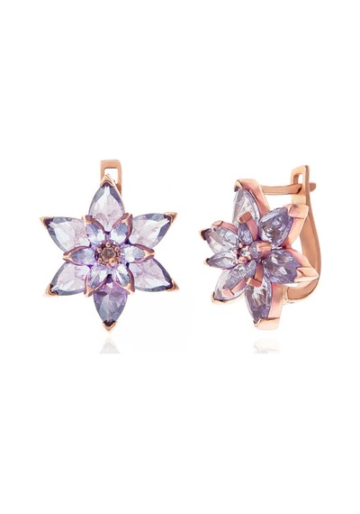 Gümüş Rose Lila Lotus Çiçeği Kadın Küpe Renkli
