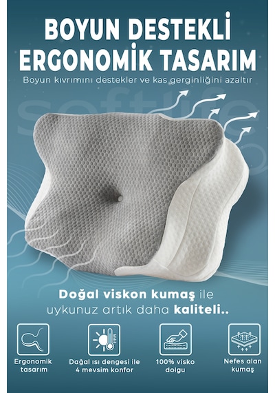 Nova Visco Yastık Ortopedik Boyun Destekli Memory Foam Ergonomik Yastık Gri Viskon Kılıf 62x42 Gri-beyaz