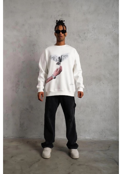 Erkek Güvercin Baskılı 3 İplik Pamuklu Bisiklet Yaka Sweatshirt - Beyaz