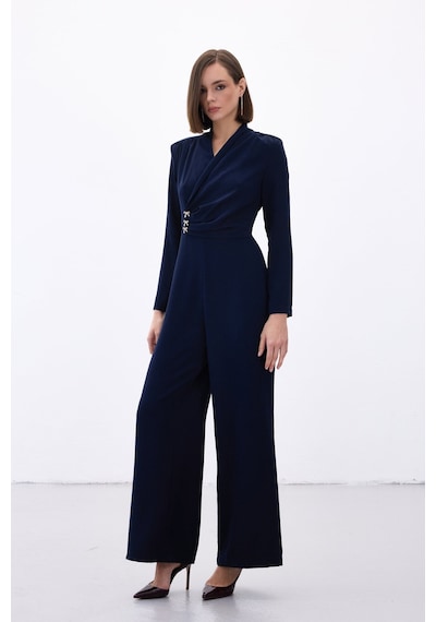 Sateen Fiyonk Aksesuarlı Krep Tulum - Lacivert-136703 Lacivert
