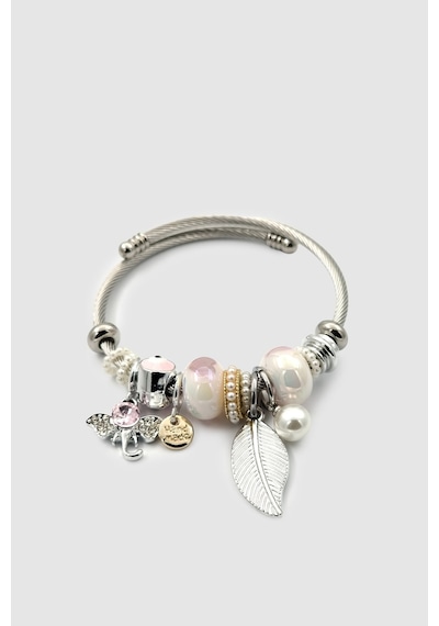 Charm Detaylı Yaprak Ve Fil Figürlü Silver Bijuteri Kelepçe Bileklik Gümüş