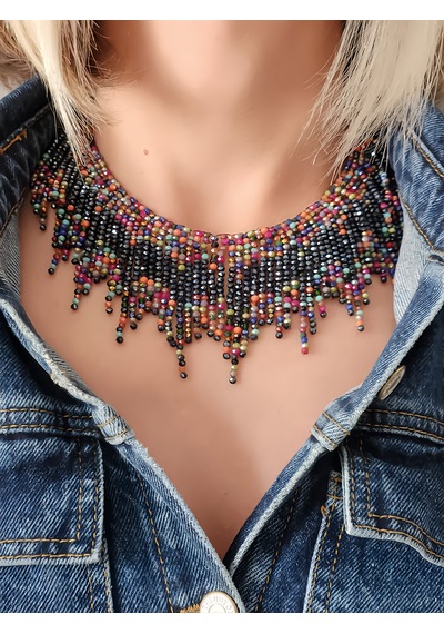 Kristal Boncuk Tasma Choker Model El Yapımı Kolye Çok REnkli