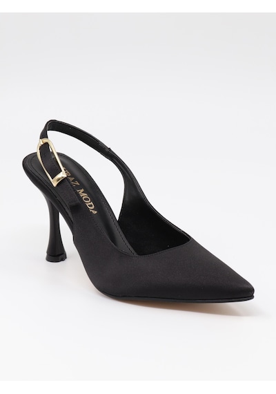 Nesilshoes Nesil Shoes Uraz 800 Siyah Saten Arkası Açık Topuklu Kadın Ayakkabı