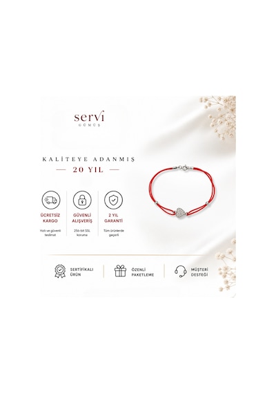 Servi 925 Ayar Gümüş Zirkon Taşlı Kırmızı İpli Kalp Figürlü Şans Bilekliği-413