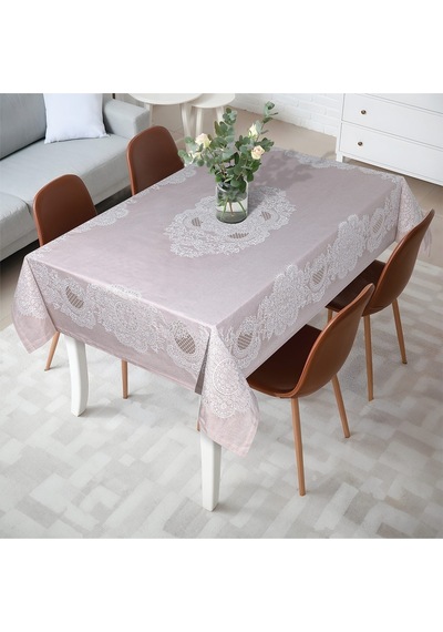 Pano Lace Pamuklu Masa Örtüsü 8 Kişilik 150x220 Cm Masa Örtüsü Pudra