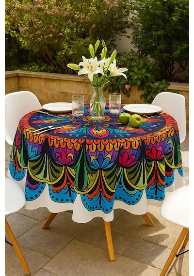 Yuvarlak Etnik Desenli Duck Kumaş Masa Örtüsü 150x150 Cm Çok Renkli