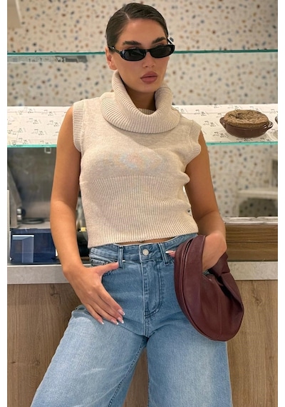 Madmext Bej Aura Kolsuz Balıkçı Yaka Triko Bluz Mg2825