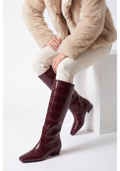 Luvi Shoes Lyrıc Bordo Baskı Kadın Kalın Topuklu Çizme