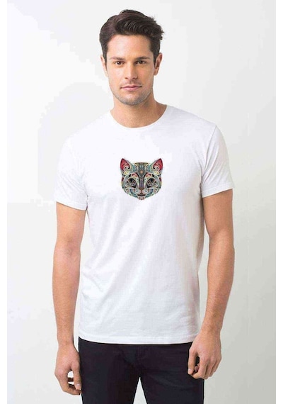 Cat Renkli Hayvan Çok Renkli Kedi Baskılı Beyaz Erkek Tshirt