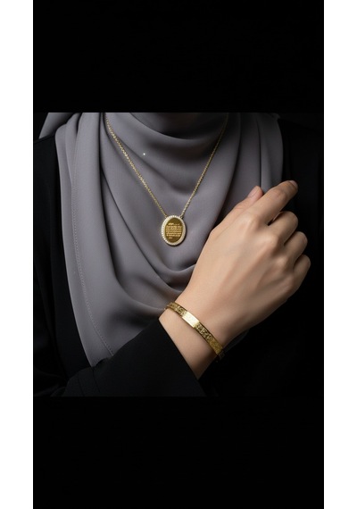 Taşlı Oval Kolye Ve Ayetel Kürsi Bileklik Seti Gold Çelik Takı Altın