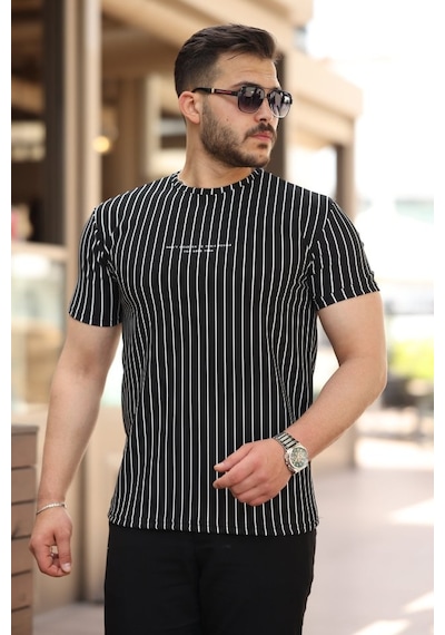 Erkek Dikey Çizgili Ottoman Kumaş Kısa Kollu T-shirt Siyah - Beyaz