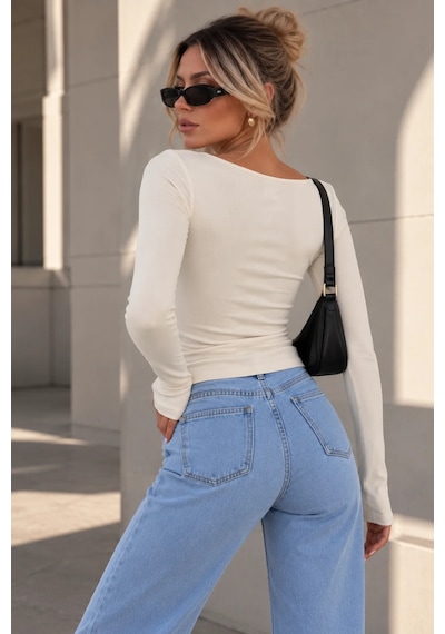 Bb Butik Basic Kadın Soft Touch Parmak Geçmeli Kare Yaka Body Mdk37 Beyaz
