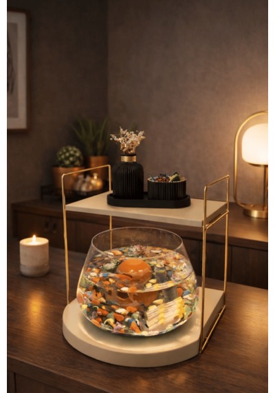 Reyo Ok-ay Store Düz Raflı Işıklı Lüks Cam Fanus İçinde Beta Balığı İçin Özel Tasarım Masa Üstü Dekoratif Akvaryum Gold-krem
