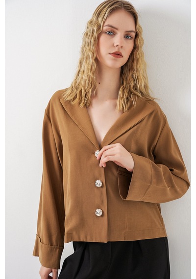Bigdart Kadın Kruvaze Yaka Oversize Ceket 0747 - Camel