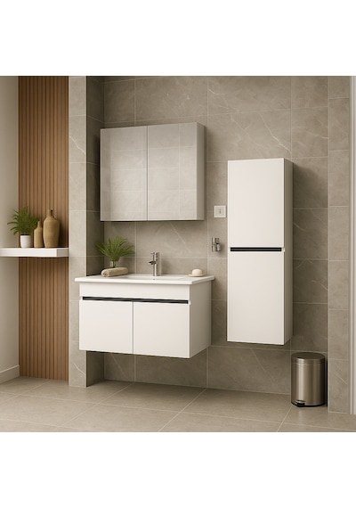 Arista 80 Cm Beyaz Mdf, Seramik Lavabolu, Alt - Üst Ve Boy Dolap Beyaz