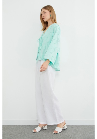 Fullamoda Püsküllü Önü Bağlamalı Salaş Kimono Mint Yeşili