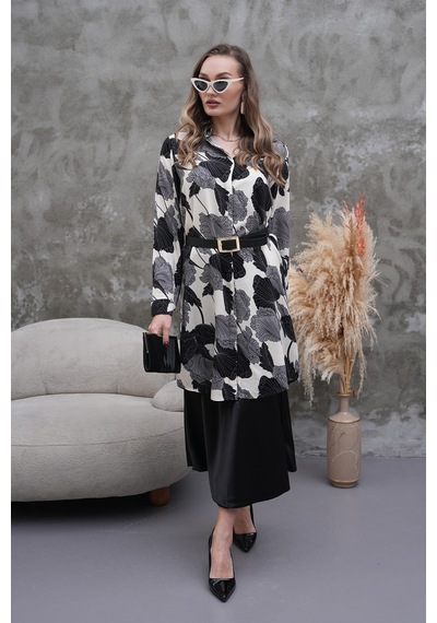 Polologin Butik Siyah Beyaz Yaprak Desenli Gömlek Tunik Siyah & Beyaz