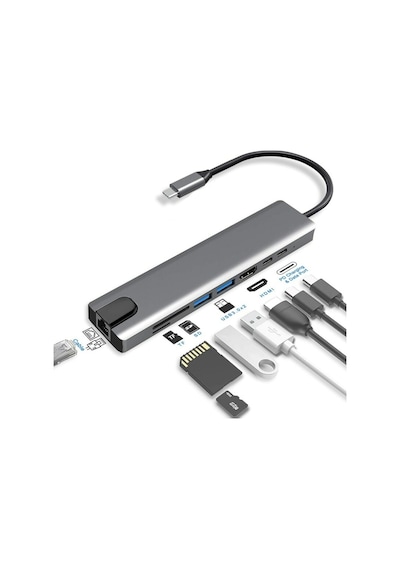 Apple Uyumlu MacBook 8In1 4K Type C Usb 3.0 Hub Hdmı Rj45 Sdtf Adaptörü
