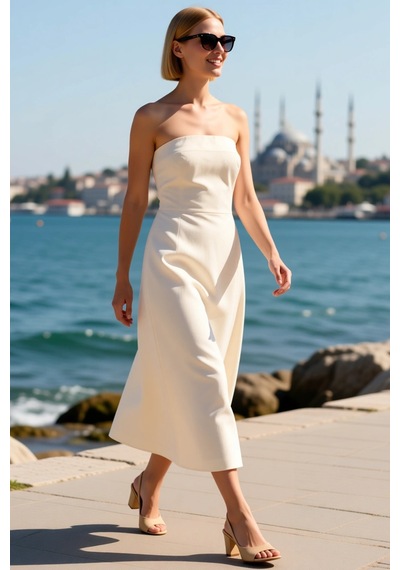 Benerly Kadın Straplez Poplin Maxi Elbise %100 Pamuk A-line Kesim Kolsuz Taş