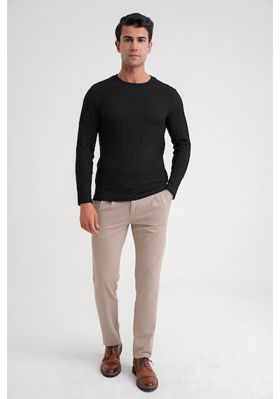 Efor Slim Fit Esnek Pamuklu Dokulu Kumaş Uzun Kollu Siyah Tişört Ts 934