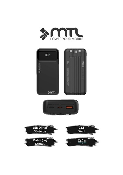 20000 Mah 22.5w Turbo Şarj Dahili Kablolu Dijital Led Göstergeli Pd Ve Qc 3.0 Powerbank Mt4320 Siyah