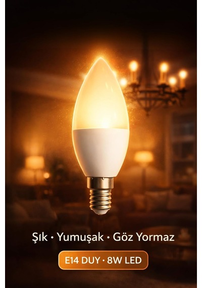Tr 8w Led Ampul, E14 Duy, 3200k Sıcak Işık, Mum Tipi Genel
