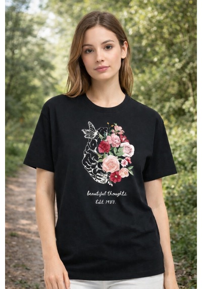 Herkesemoda Beautiful Thought Baskı Detaylı Basic T-shirt Siyah