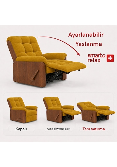 Smarto Relax Ticino Manuel Mekanizmalı Ayak Uzatmalı Ahşap Yan Panelli Polyester Tv Koltuğu Baba Koltuğu Sarı
