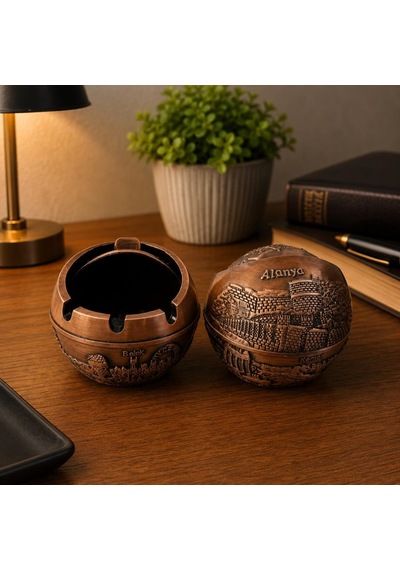 Kapaklı Metal Küllük Açılır Kapanır Dekoratif Masa Üstü Küllük Vintage Bakır 7.5 Cm