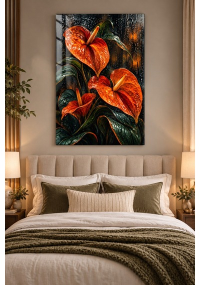 Ateş Turuncusu Anthurium Çiçekli Cam Tablo - Uv Baskı Dekoratif Duvar Tablosu